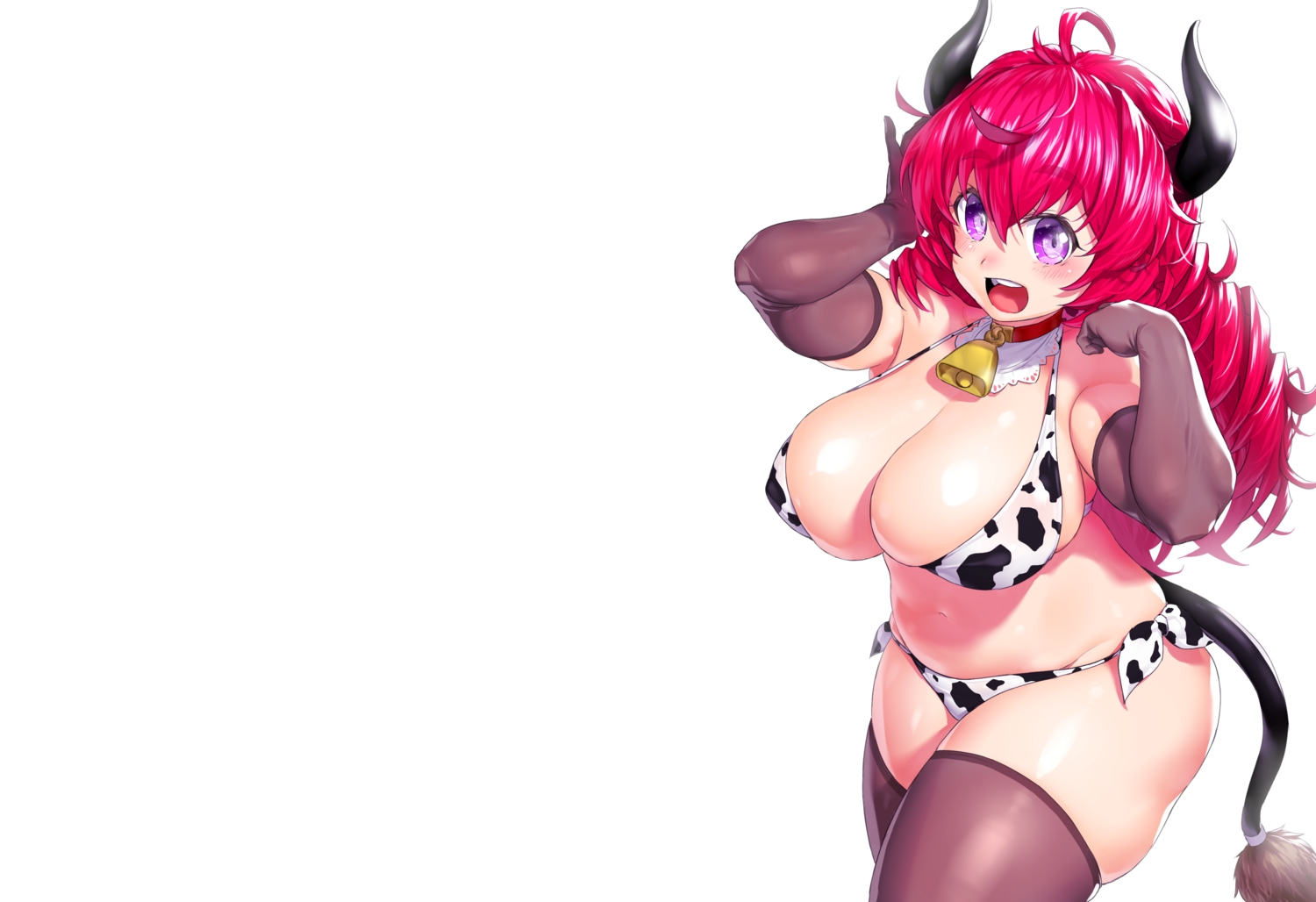 alma_(onsoku_inu), bell, bikini, blush, breasts, cleavage, collar, cowgirl, demon, elbow_gloves, gloves, horns, long_hair, onsoku_inu, original, purple_eyes, red_hair, swimsuit, tail, thighhighs, white