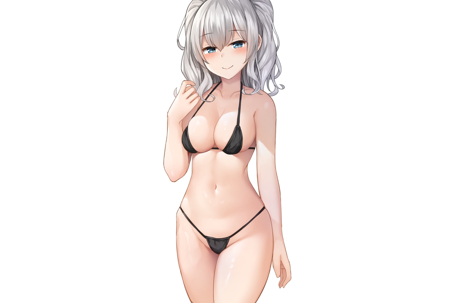 anthropomorphism, bikini, blue_eyes, blush, breasts, cleavage, gray_hair, kantai_collection, kashima_(kancolle), mizushina_minato, short_hair, swimsuit, twintails, white
