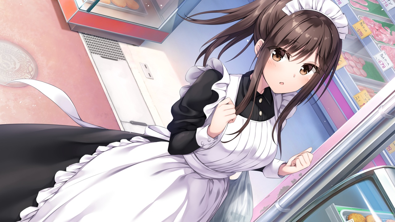apron, blush, brown_eyes, brown_hair, dress, food, futagawa_haru, game_cg