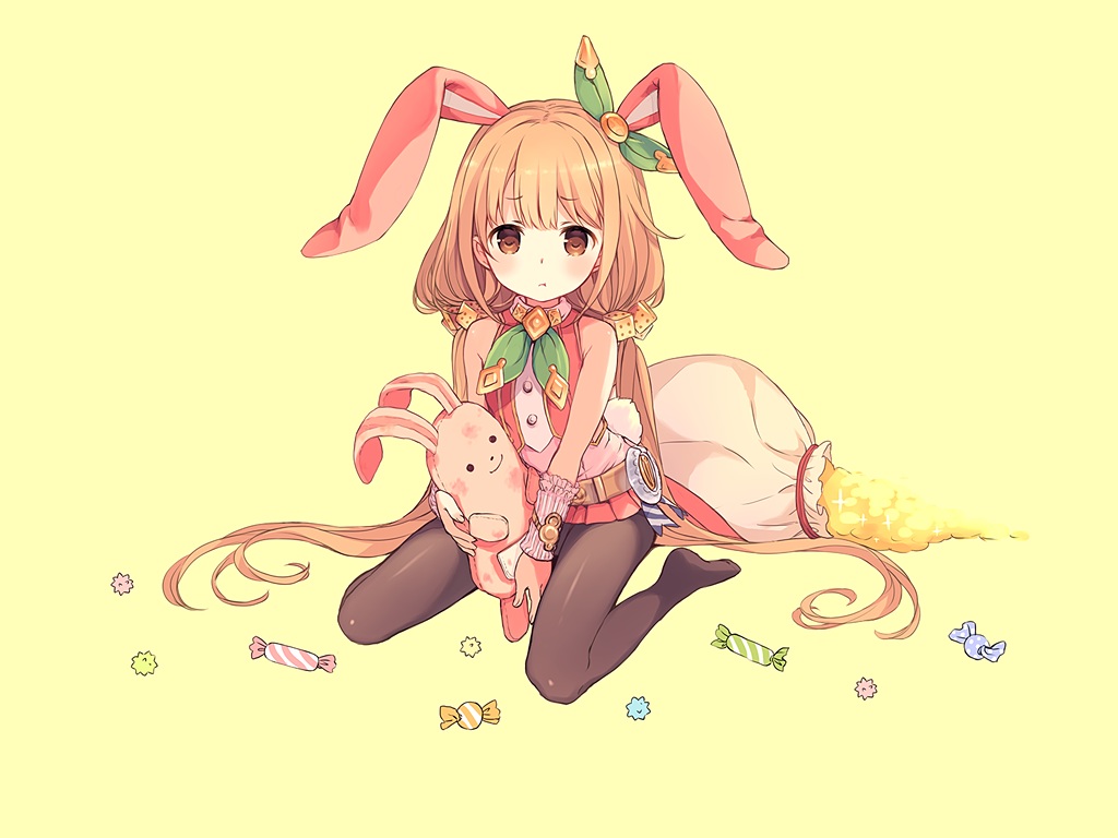 animal_ears, blonde_hair, brown_eyes, bunny, bunny_ears, bunnygirl, candy, cosplay, crossover, futaba_anzu, granblue_fantasy, idolmaster, idolmaster_cinderella_girls, loli, long_hair, pantyhose, third-party_edit, twintails, wristwear, yashiro_seika, yellow