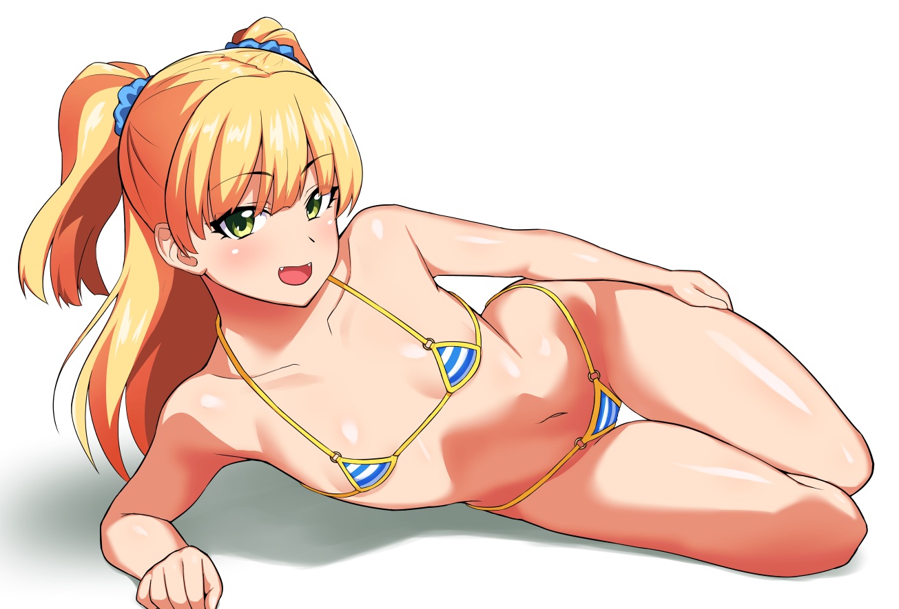 aliasing, bikini, blonde_hair, fang, green_eyes, idolmaster, idolmaster_cinderella_girls, jougasaki_rika, loli, long_hair, navel, riking, swimsuit, twintails