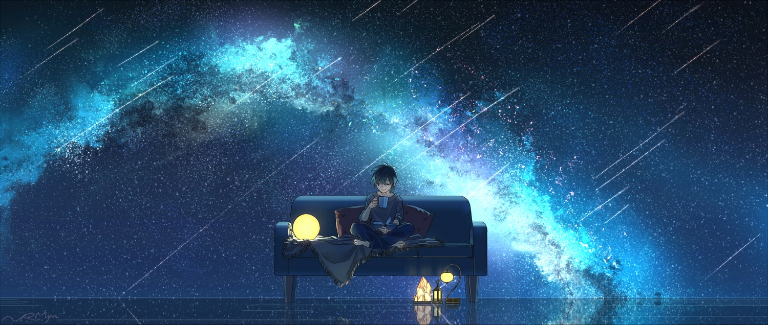 barefoot, black_hair, drink, narumiya_(040miya), night, original, scenic, short_hair, signed, stars