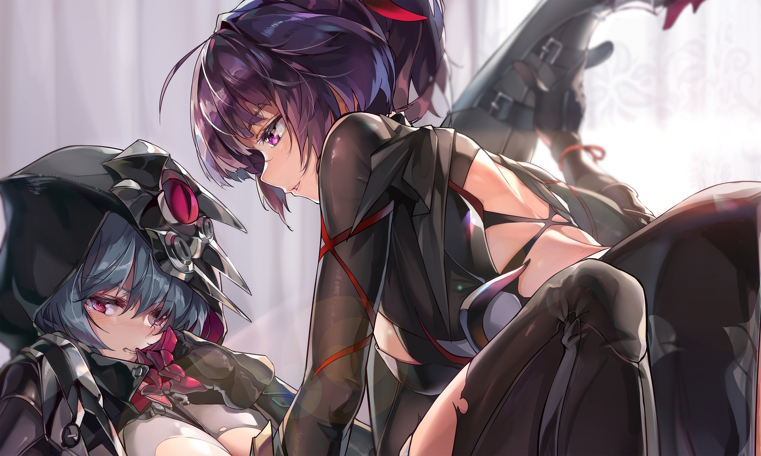 2girls, blue_hair, honkai_impact, honkai_(series), ponytail, purple_eyes, purple_hair, raiden_mei, raven_(honkai_impact), red_eyes, red_hair, short_hair, shoujo_ai, zomzomzomsauce