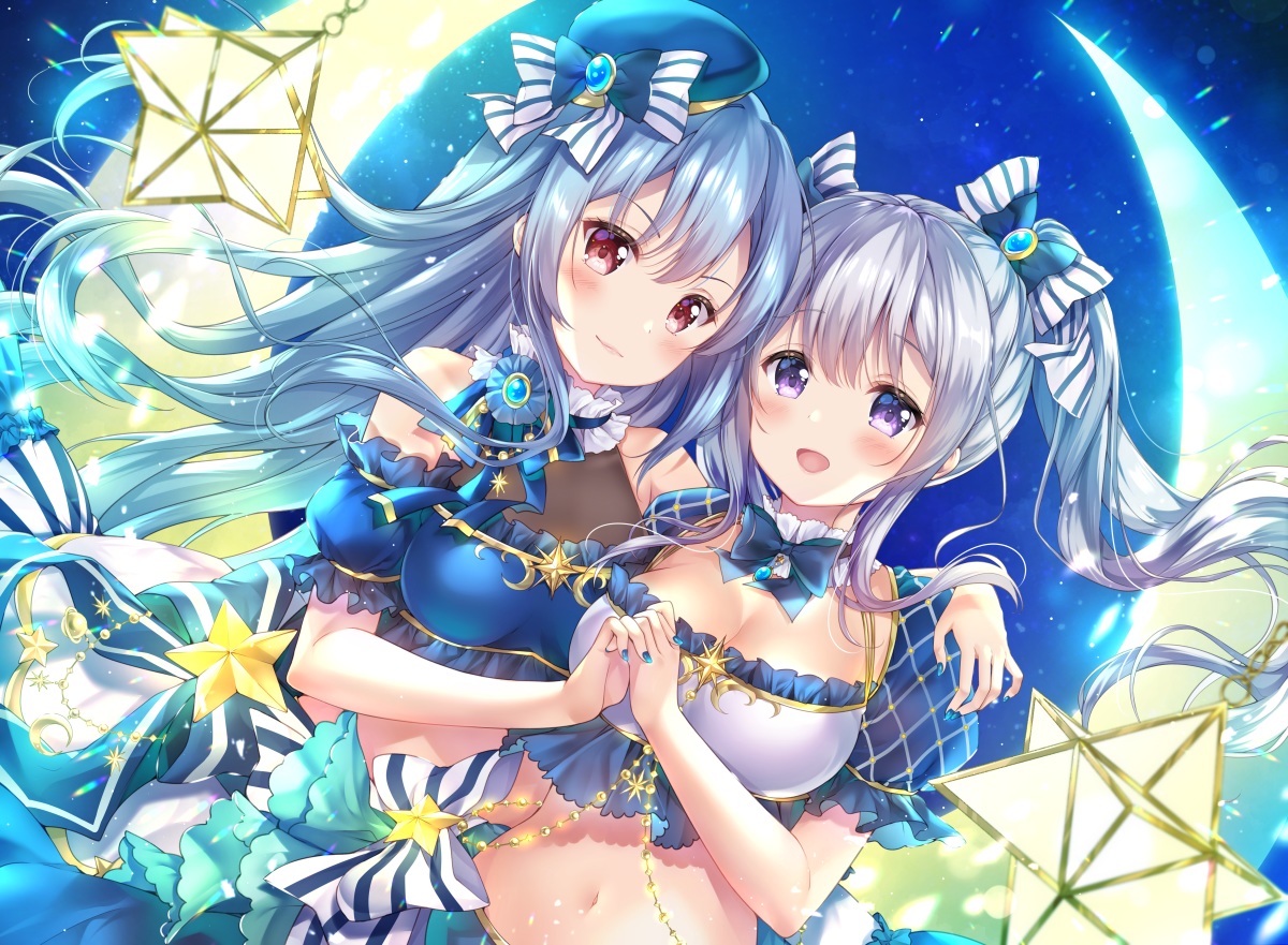 2girls, aliasing, aoba_chise, aoba_project, aoba_rena, long_hair, moon, navel