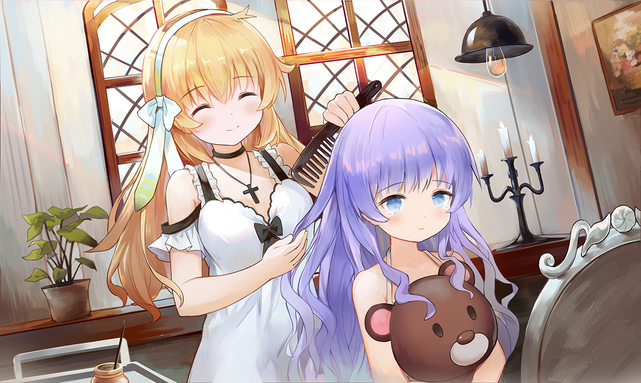 2girls, dress, harmonia_(key), leilin, loli, long_hair, shiona_(harmonia), teddy_bear, tipi_(harmonia)