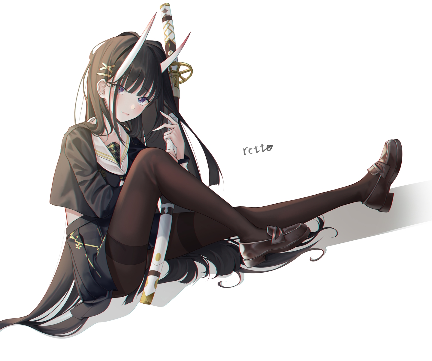 anthropomorphism, azur_lane, demon, horns, ildanbaggobwa, katana, long_hair, noshiro_(azur_lane), school_uniform, signed, skirt, sword, weapon, white