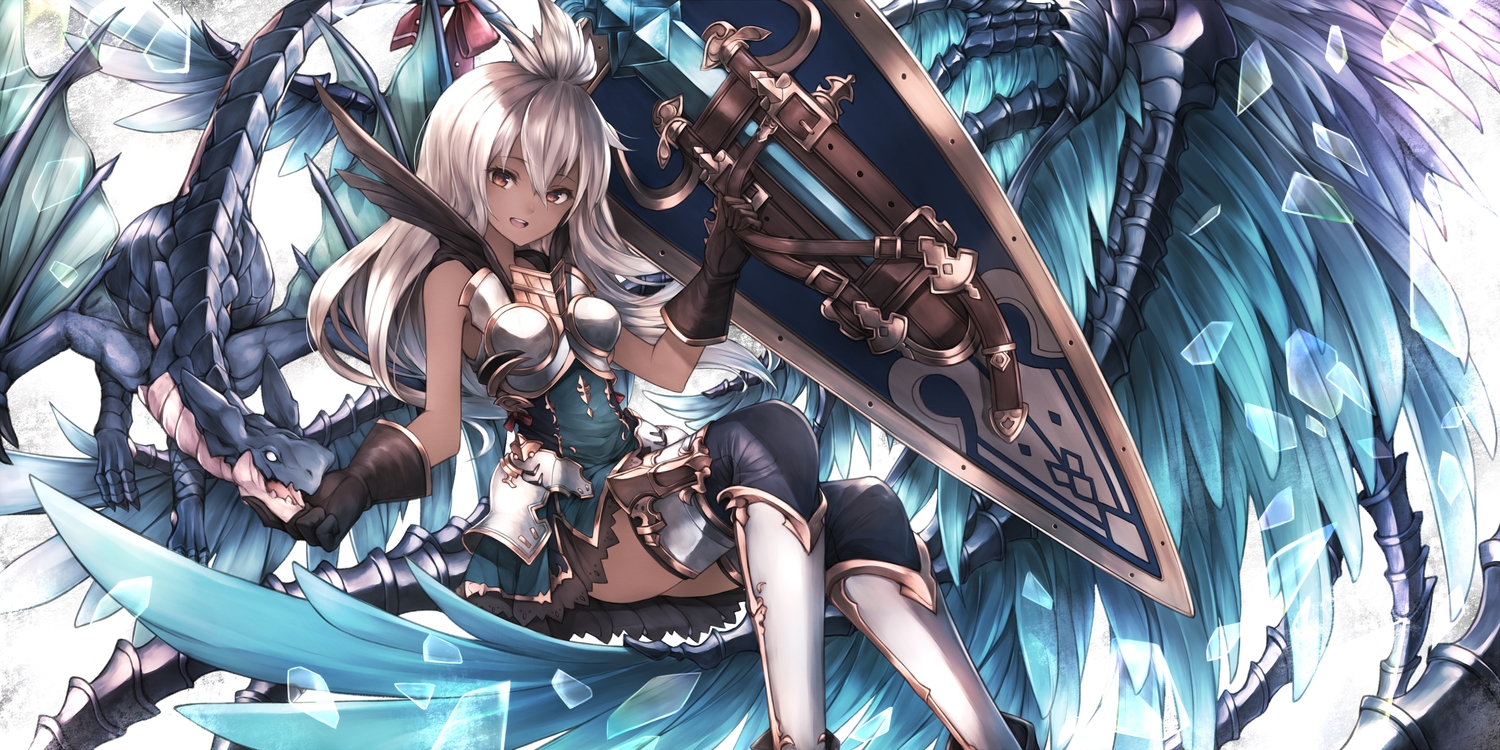armor, brown_eyes, dark_skin, dragon, dress, gloves, granblue_fantasy, gray_hair