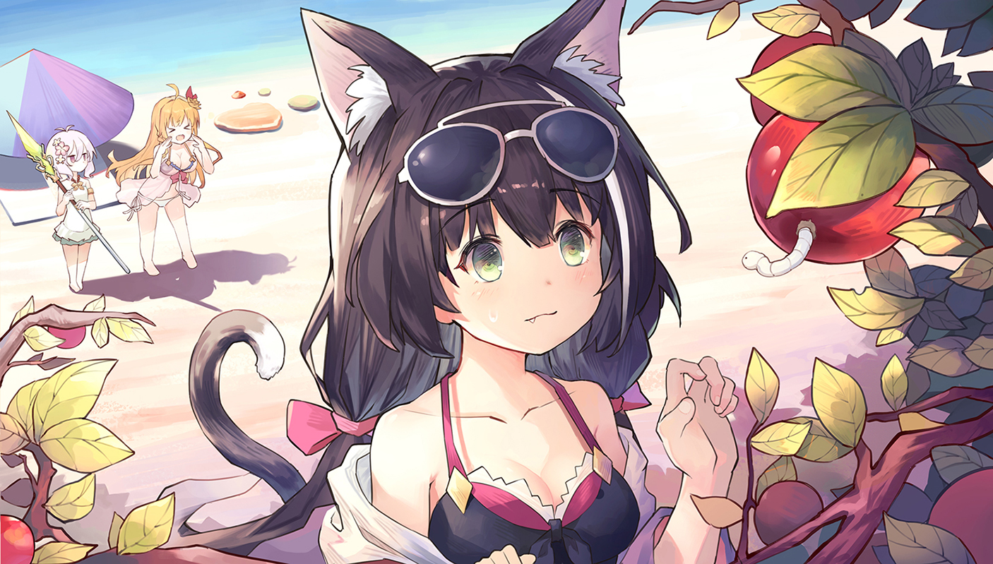 animal_ears, apple, beach, bikini, black_hair, breasts, catgirl, cleavage, fang, food, fruit, green_eyes, karyl, leaves, leilin, loli, long_hair, natsume_kokoro, orange_hair, pecorine, pink_eyes, princess_connect!, short_hair, spear, sunglasses, swimsuit, tail, twintails, umbrella, water, weapon, white_hair