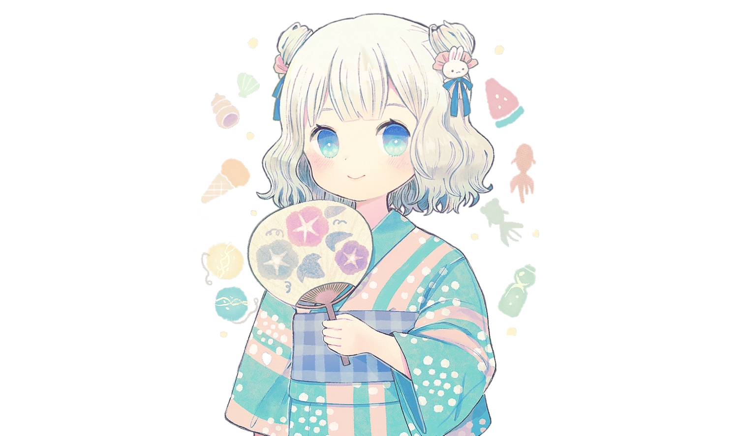 aqua_eyes, ayu_(mog), blush, brown_hair, fan, japanese_clothes, loli, original, short_hair, third-party_edit, white, yukata