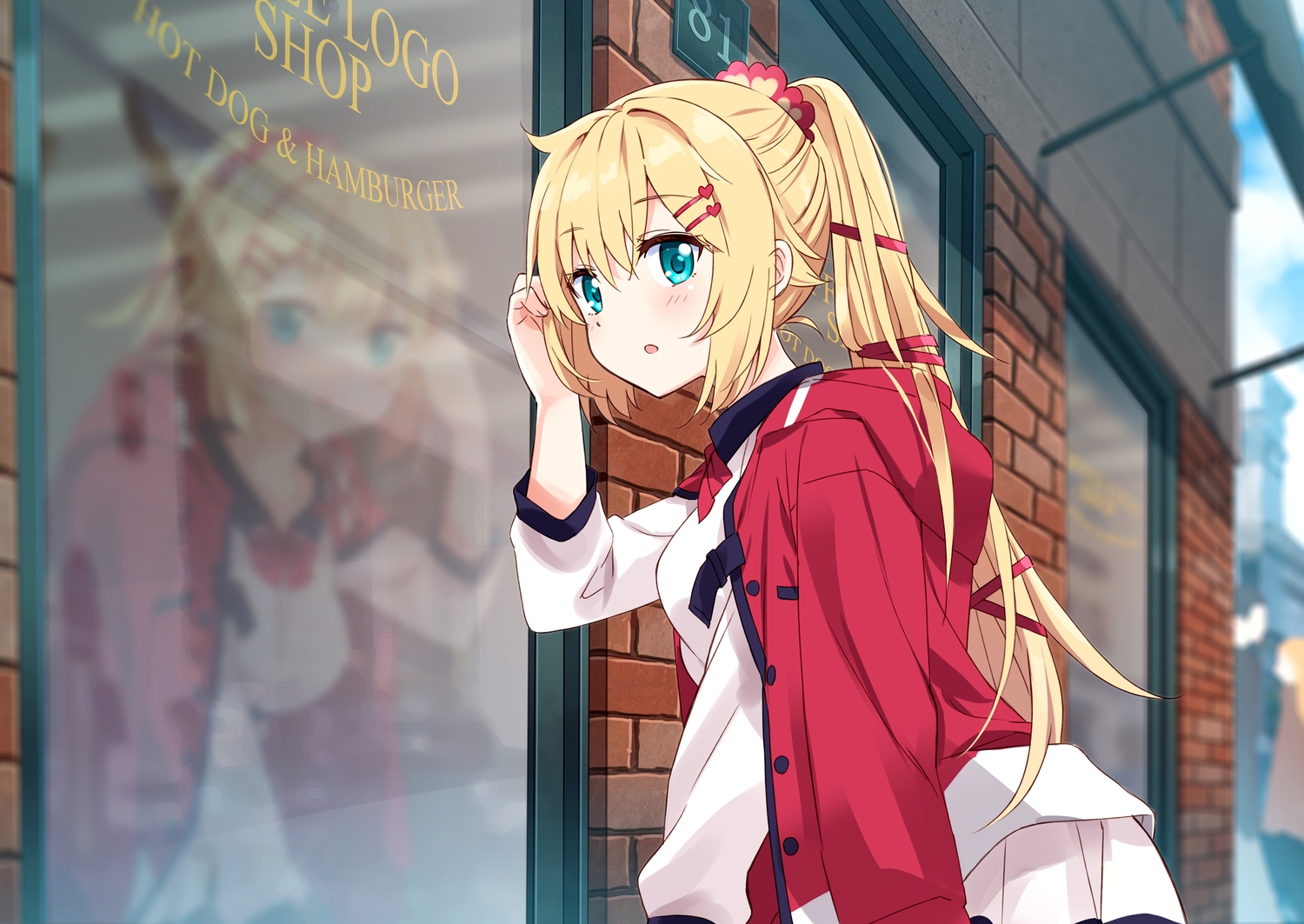 akai_haato, aqua_eyes, blonde_hair, blush, building, cape, hololive, hood, long_hair, mousou_(mousou_temporary), ponytail, reflection, school_uniform, skirt