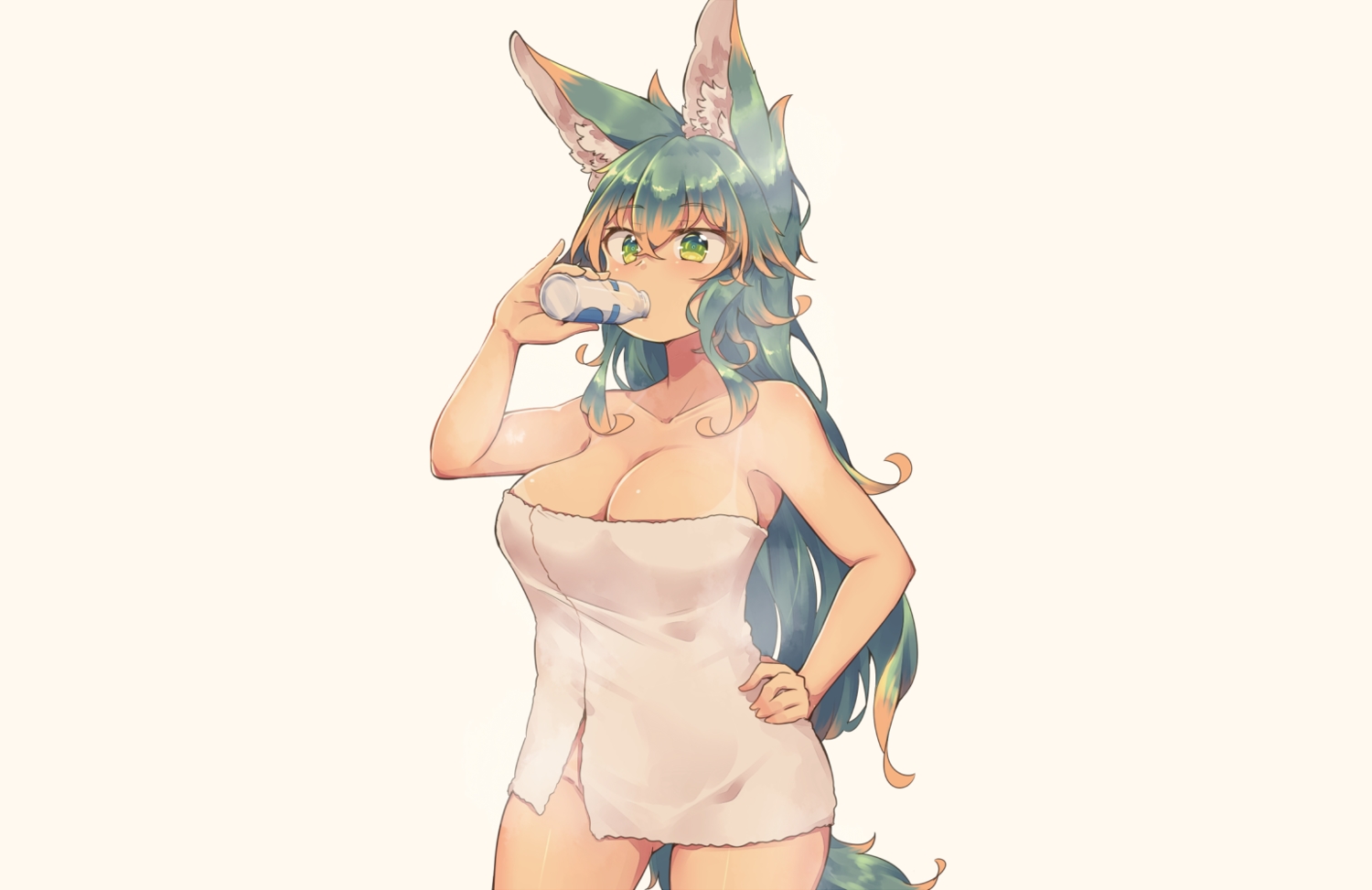 animal_ears, breasts, cleavage, dark_skin, drink, foxgirl, green_eyes, green_hair