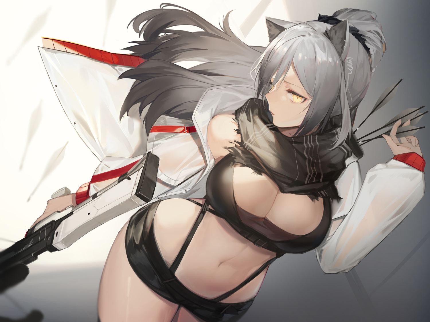 animal_ears, arknights, catgirl, gun, jam_(nandade), long_hair, navel, ponytail, schwarz_(arknights), shorts, weapon