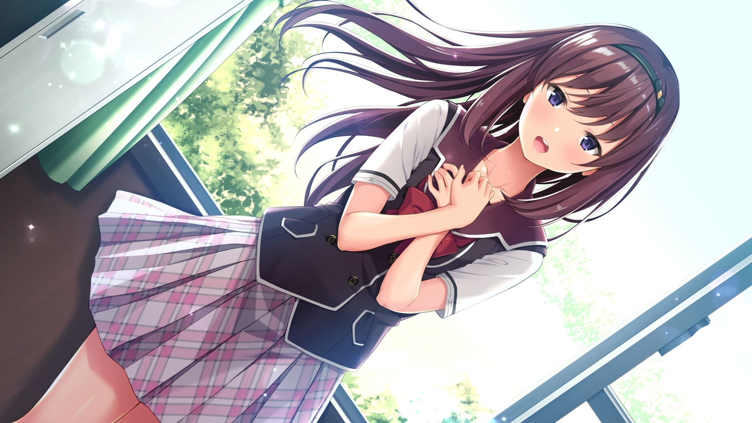 blue_eyes, bow, game_cg, headband, long_hair, mishima_akari, onaji_class_no_idol-san, purple_hair