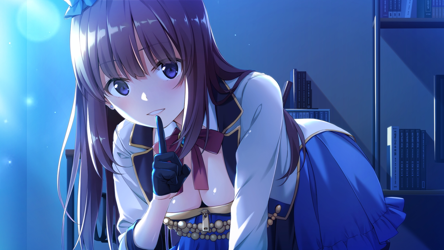 blue_eyes, book, breasts, cleavage, game_cg, gloves, long_hair, mishima_akari