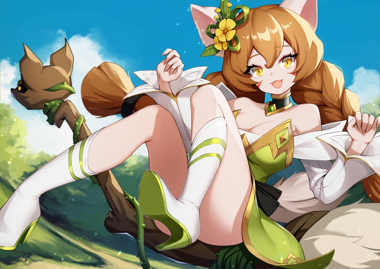 animal_ears, ankkoyom, braids, clouds, dress, idle_heroes, long_hair, sky, tail, twintails