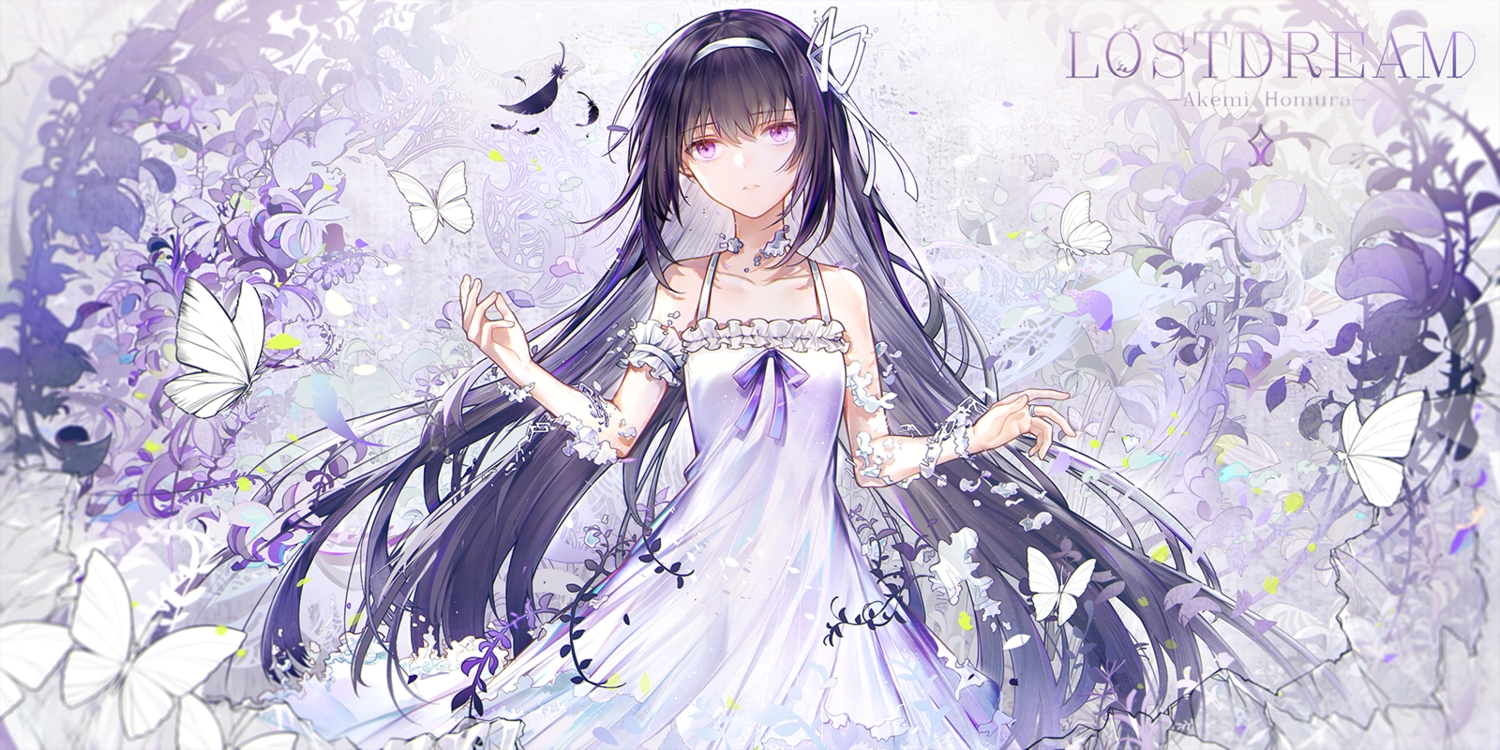 akemi_homura, butterfly, dress, headband, inoriac, long_hair, mahou_shoujo_madoka_magica, purple_eyes