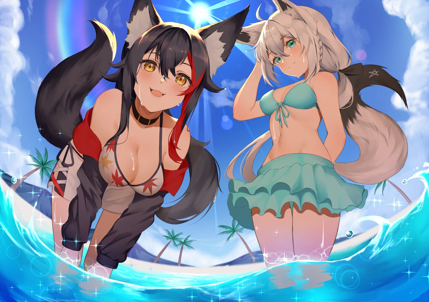 2girls, animal_ears, bikini, clouds, collar, fang, foxgirl, hololive, navel, ookami_mio, ponytail, shirakami_fubuki, sky, swimsuit, tail, water, wolfgirl, yuya_(pixiv37335712)