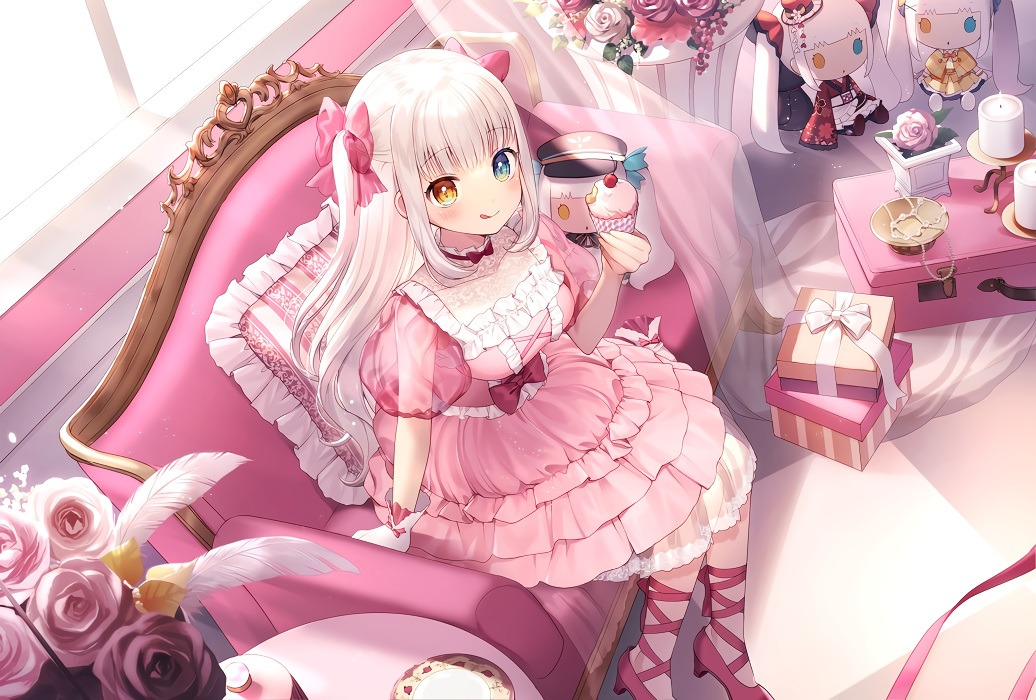 aliasing, bicolored_eyes, cake, couch, feathers, flowers, food, kagura_gumi, kagura_mea, lolita_fashion, long_hair, momoshiki_tsubaki, rose, white_hair