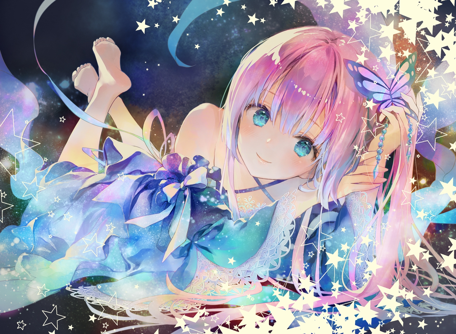 888myrrh888, aqua_eyes, barefoot, long_hair, original, pink_hair, ponytail, stars