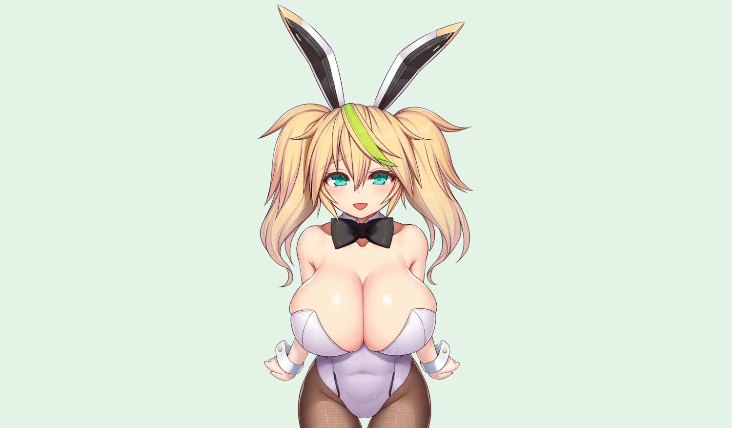 animal_ears, asamura_hiori, blonde_hair, blue, blush, bow, breasts, bunny_ears, bunnygirl, cleavage, fang, gene_(pso2), green_eyes, leotard, pantyhose, phantasy_star_online, phantasy_star_online_2, twintails, wristwear