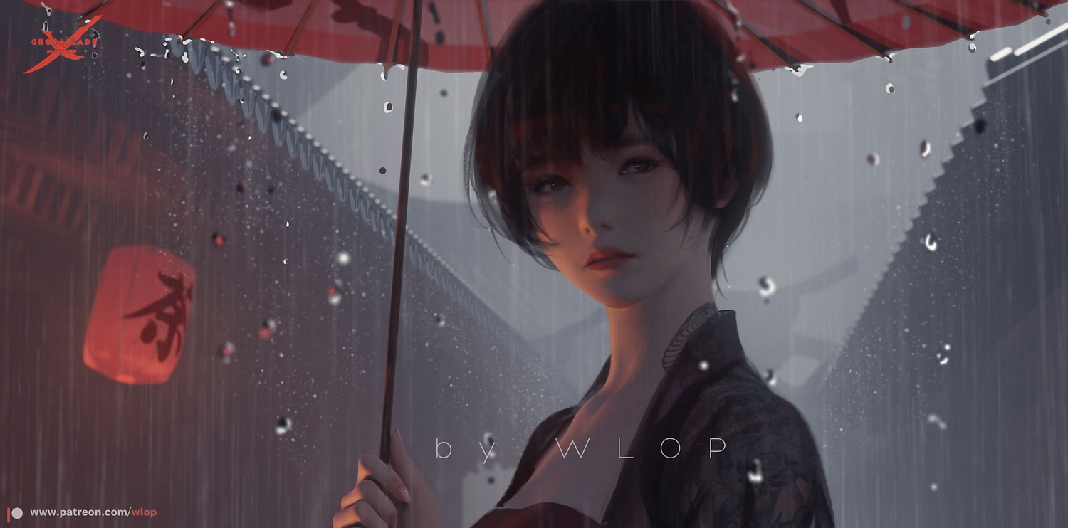 black_hair, close, ghostblade, jade_(ghostblade), logo, rain, red_eyes, see_through