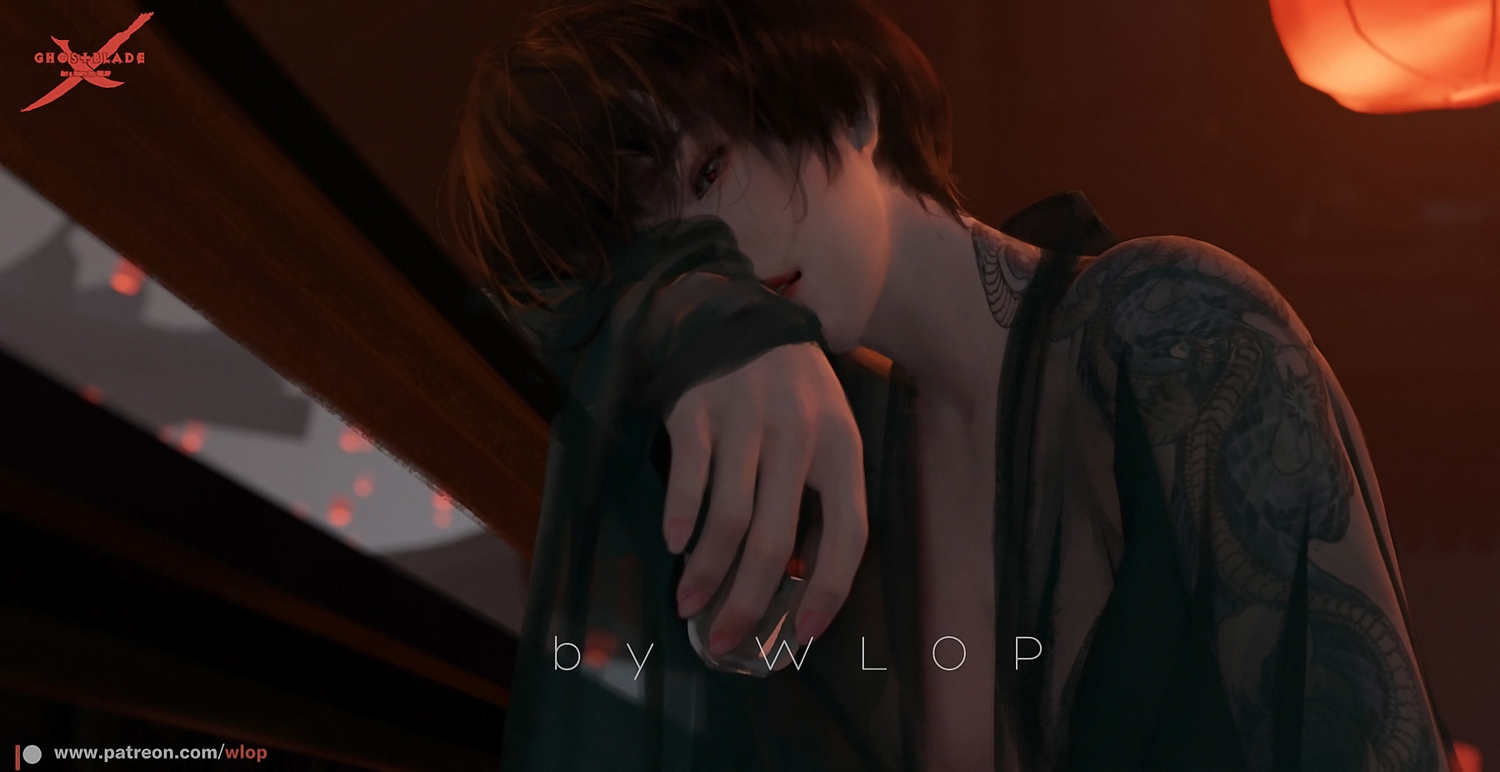 black_hair, ghostblade, jade_(ghostblade), logo, red_eyes, see_through, short_hair, tattoo