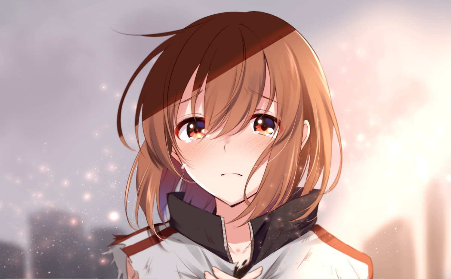 blush, brown_eyes, brown_hair, close, crying, misaka_mikoto, nemu_mohu, short_hair, tears, to_aru_kagaku_no_railgun, to_aru_majutsu_no_index, torn_clothes