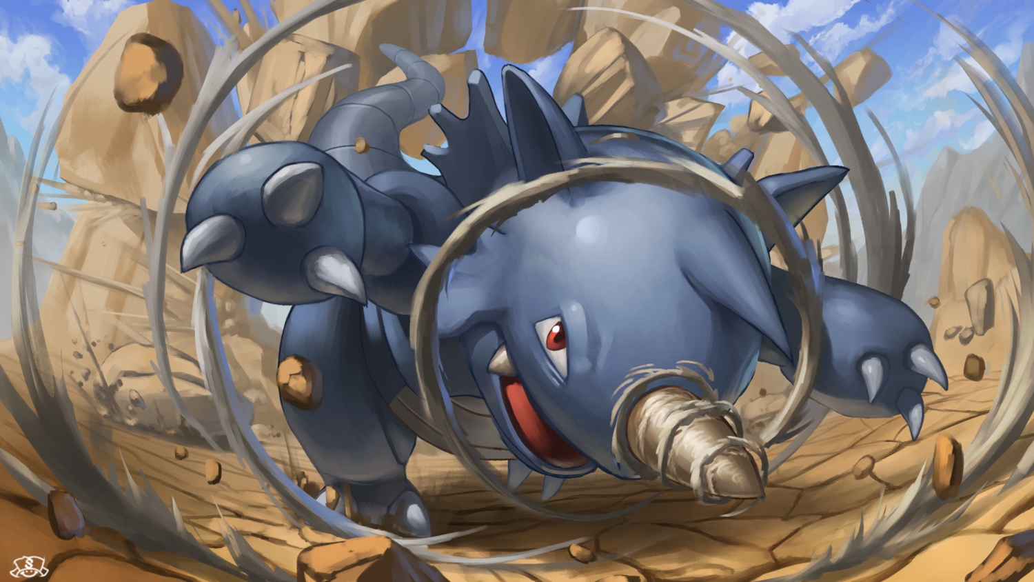 close, clouds, desert, no_humans, pokemon, rhydon, sky, spareribs