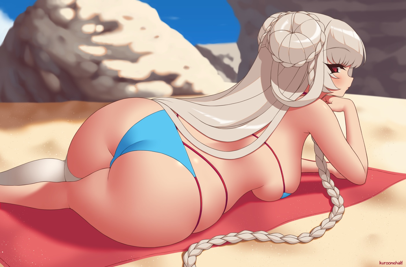anthropomorphism, ass, azur_lane, beach, bikini, blush, braids, breasts