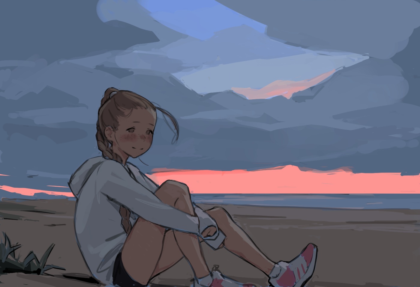 beach, blush, braids, brown_eyes, brown_hair, clouds, hood, long_hair, luimiart, original, ponytail, sketch, sky, socks, sunset, water