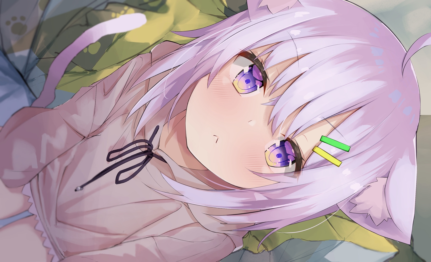 aliasing, animal_ears, blush, catgirl, close, eureka_814, hololive, hood, nekomata_okayu, purple_eyes, purple_hair, short_hair, tail