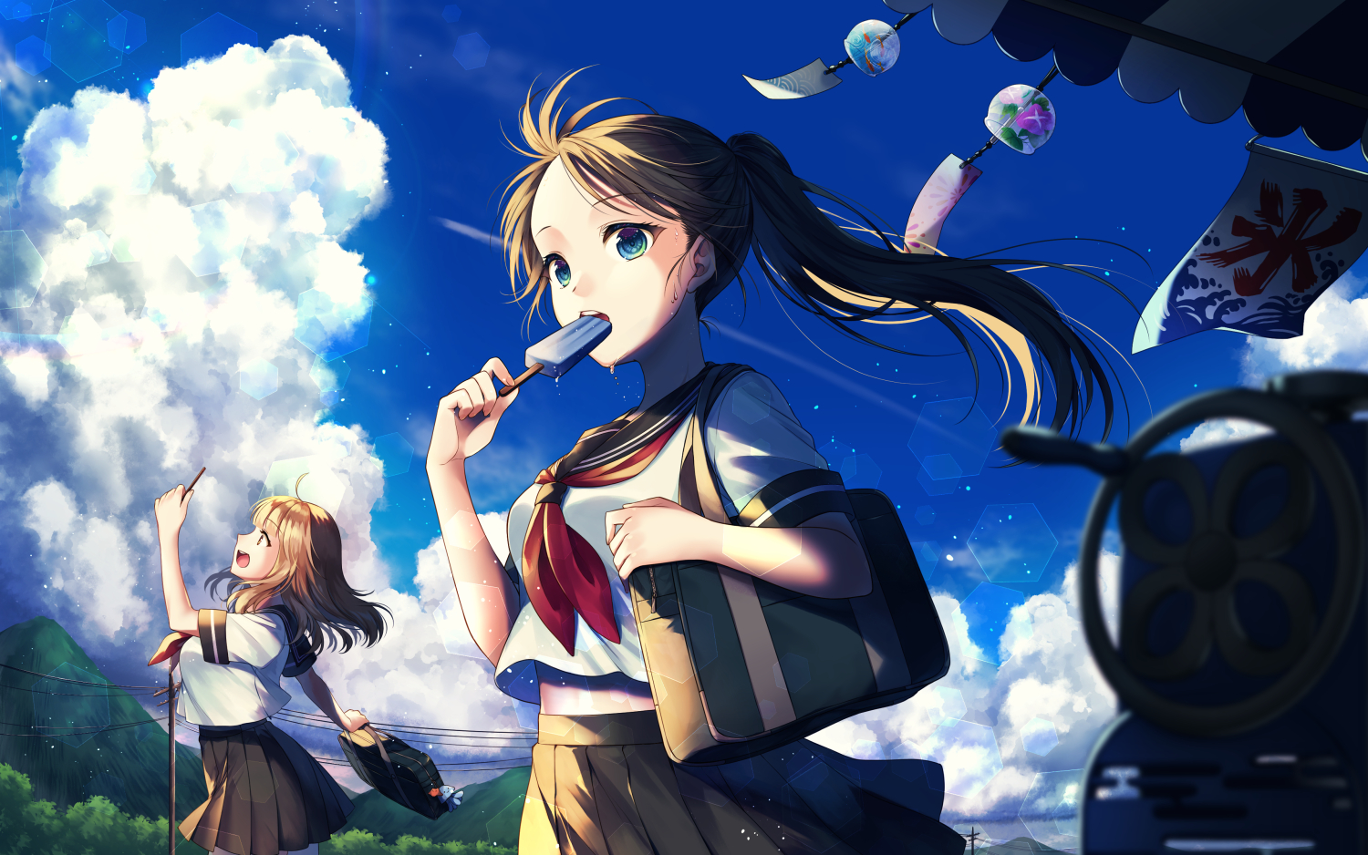 2girls, aliasing, aqua_eyes, black_hair, brown_hair, clouds, kirisita, long_hair