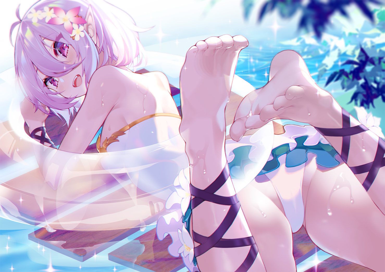 barefoot, calder, cameltoe, flowers, natsume_kokoro, pointed_ears, princess_connect!, short_hair