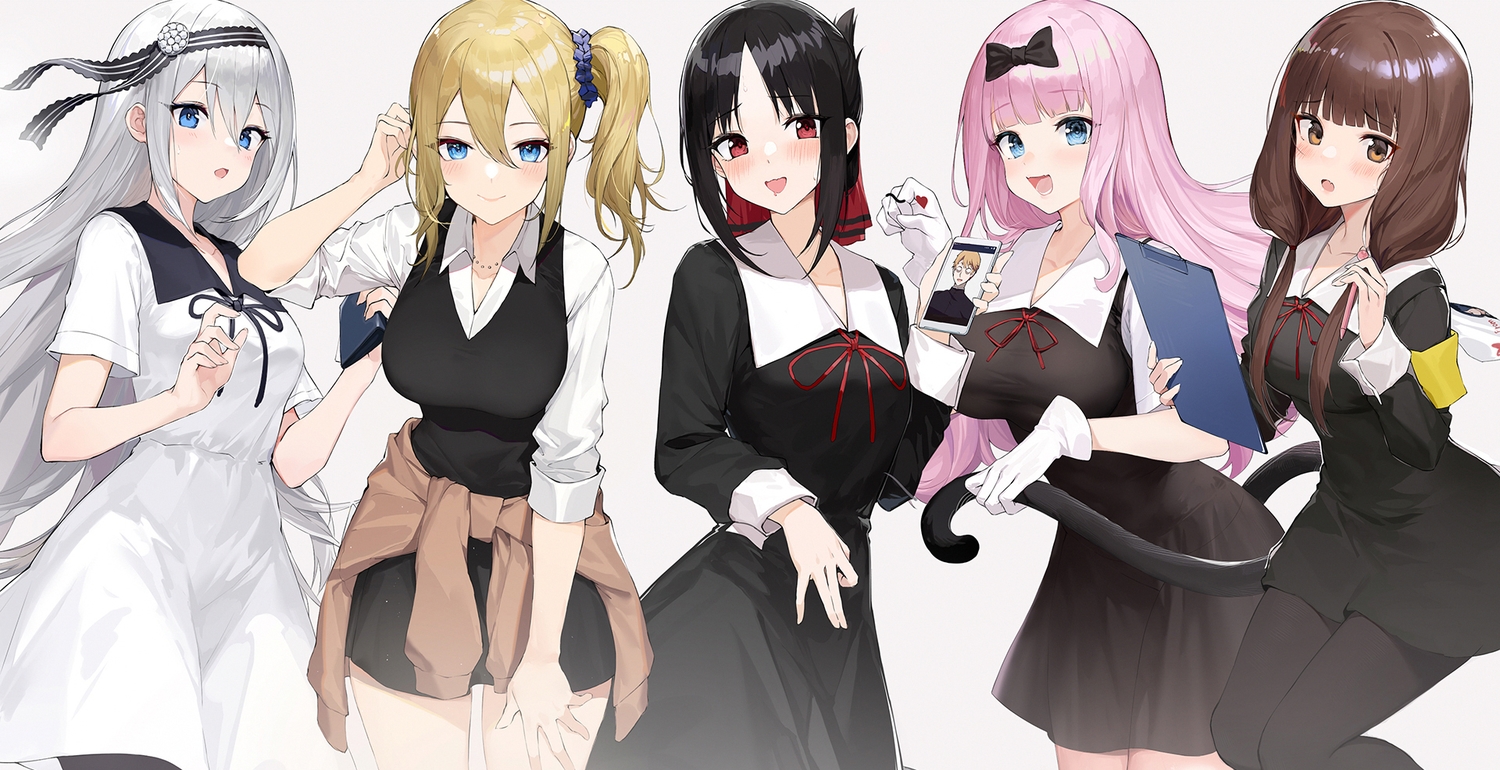 black_hair, blonde_hair, blue_eyes, blush, brown_eyes, brown_hair, dress, fujiwara_chika
