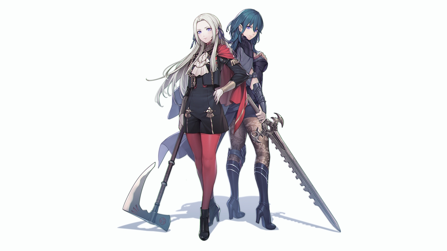 2girls, blue_eyes, blue_hair, boots, byleth_(female), cape, edelgard_von_hresvelg, fire_emblem