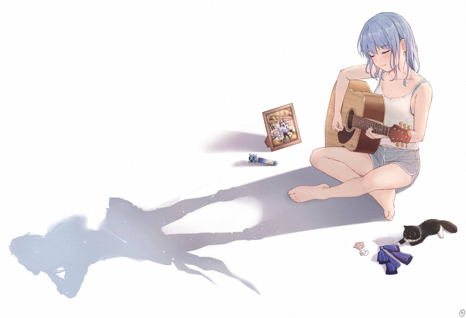 aliasing, animal, blue_hair, bow, cat, envyvanity, guitar, hololive, hoshimachi_suisei, instrument, microphone, shirt, shorts, white