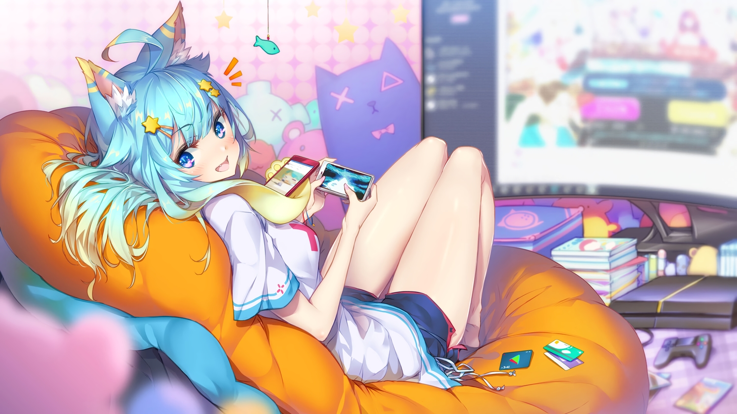 animal_ears, aqua_eyes, aqua_hair, bed, blush, book, catgirl, fang, game_console, hong_(white_spider), lanmewko, long_hair, phone, shorts