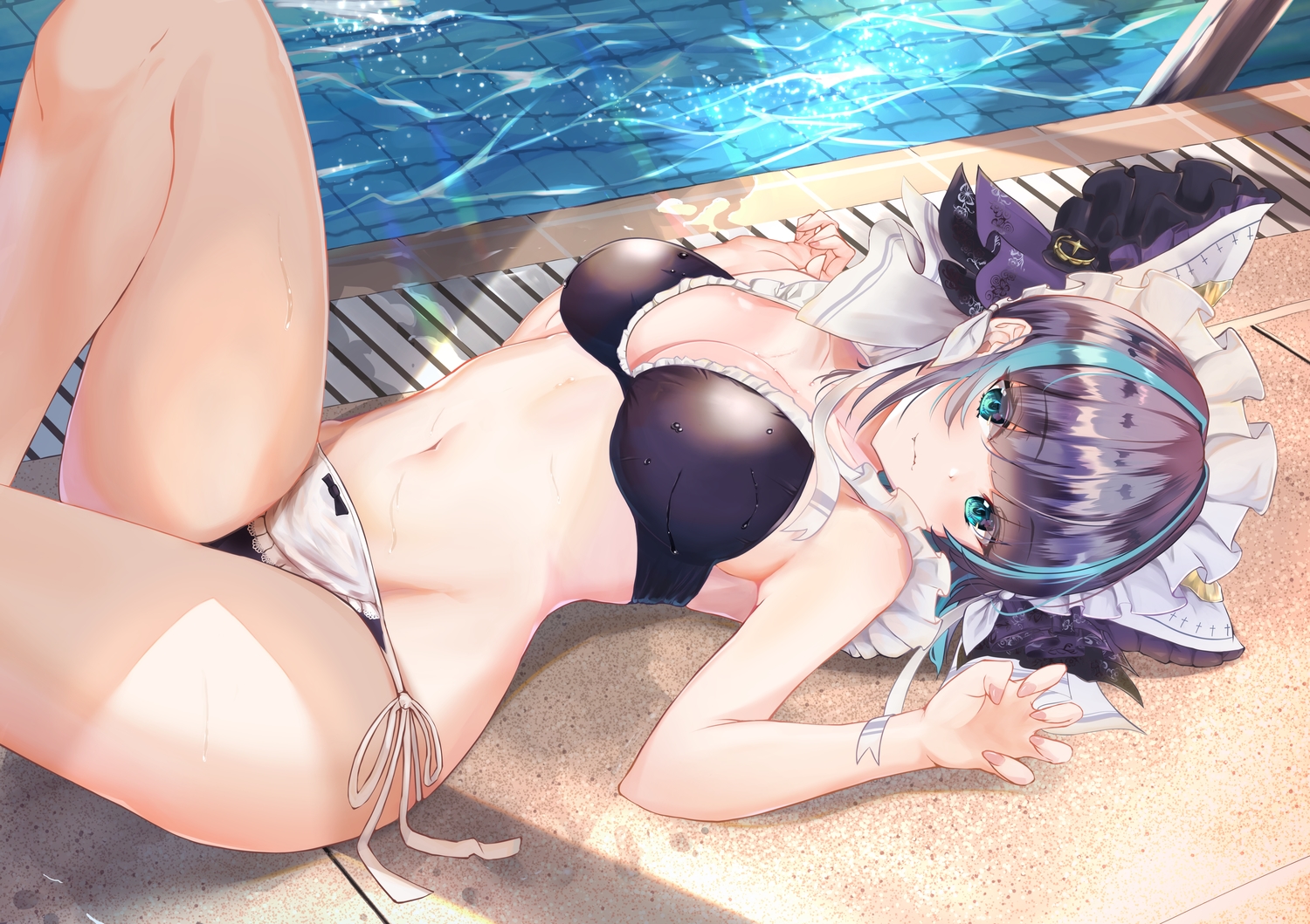 anthropomorphism, aqua_eyes, azur_lane, bikini, breasts, cheshire_(azur_lane), maid, puripuri, swimsuit