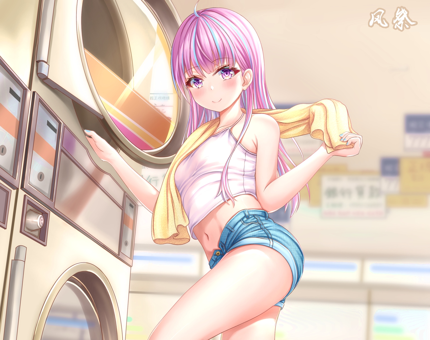 ass, blush, kazamatsuri_honatsu, long_hair, navel, original, pink_eyes, pink_hair, shorts, towel