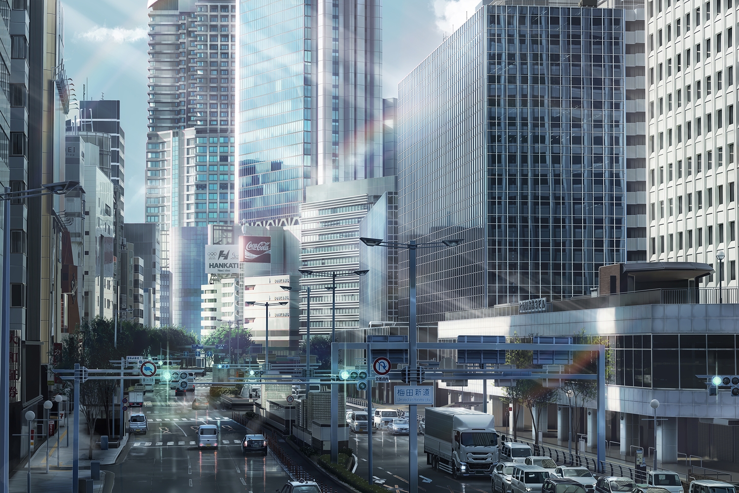 building, car, city, coca_cola, hankachi_(okayama012), no_humans, original, realistic, reflection, scenic, tree
