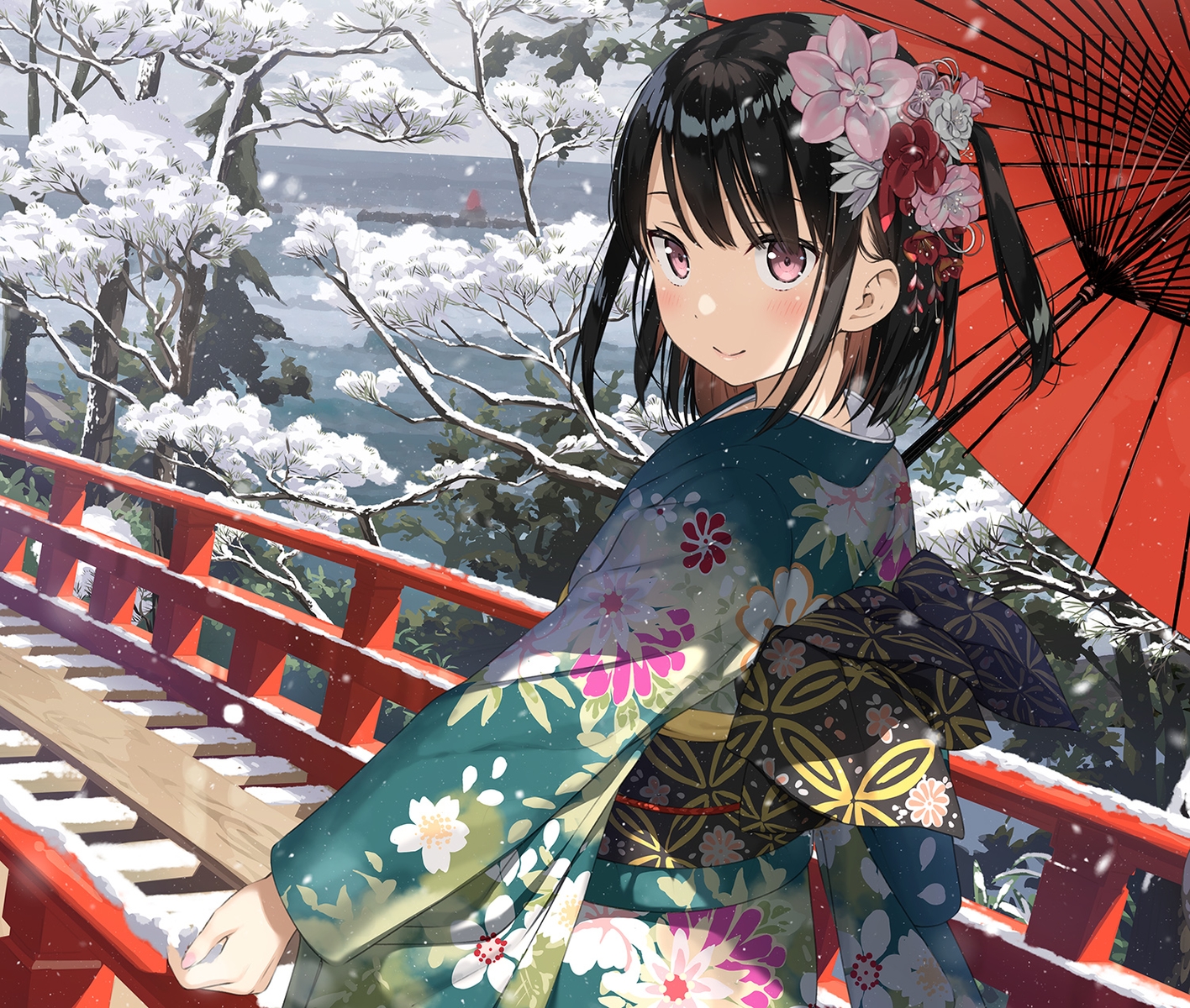 black_hair, blush, flowers, japanese_clothes, kantoku, kimono, original, pink_eyes, ponytail, shizuku_(kantoku), short_hair, snow, tree, umbrella, winter