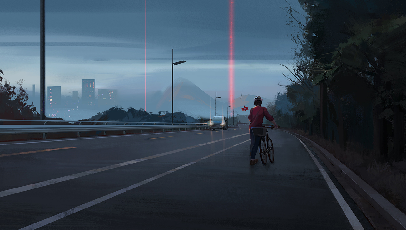 all_male, bicycle, building, car, city, clouds, male, masaru_(pokemon), pixiescout, pokemon, rotom, scenic, tree