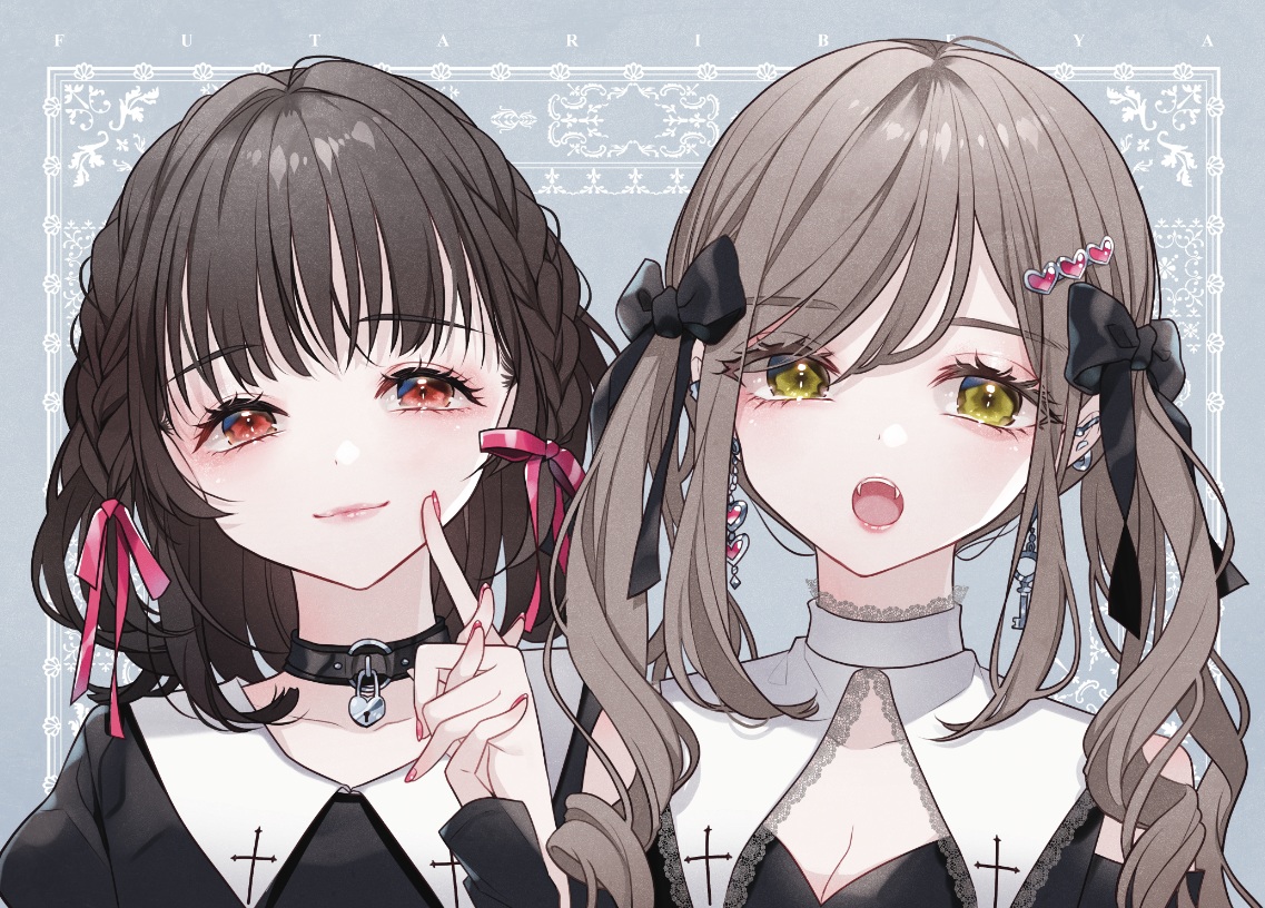 2girls, black_hair, bow, braids, brown_hair, collar, fang, futaribeya