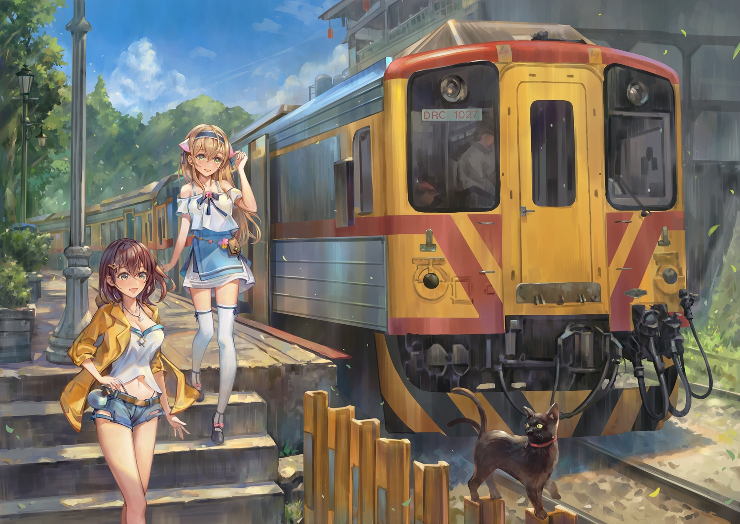 animal, breasts, brown_eyes, brown_hair, cat, cleavage, clouds, headband