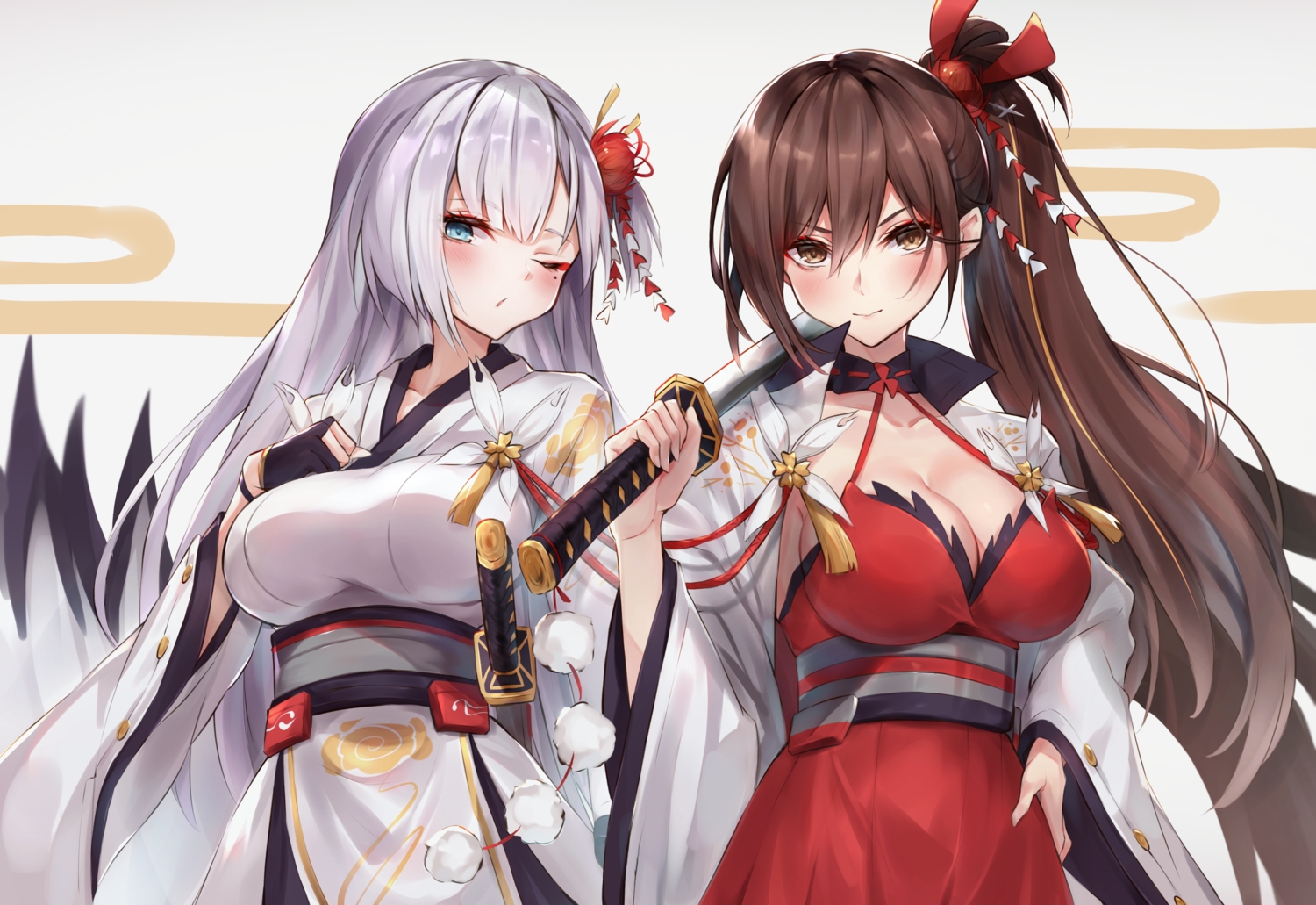 anthropomorphism, aqua_eyes, azur_lane, blush, breasts, brown_eyes, brown_hair, cleavage, diieru, gray_hair, japanese_clothes, katana, long_hair, ponytail, shoukaku_(azur_lane), sword, weapon, wink, zuikaku_(azur_lane)