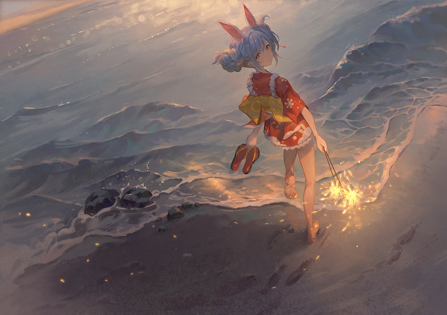 animal_ears, beach, brown_eyes, bunny_ears, bunnygirl, fireworks, gawain_(artist), gray_hair, hololive, japanese_clothes, short_hair, usada_pekora, water, yukata