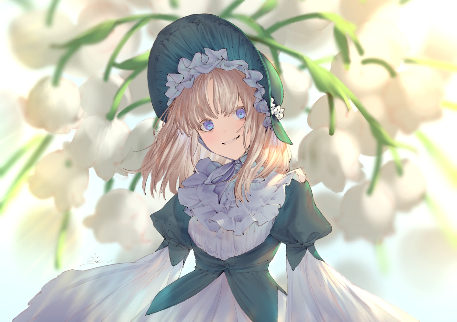 aqua_eyes, brown_hair, dress, flowers, goth-loli, headdress, io_(io_oekaki), lolita_fashion, long_hair, original, signed