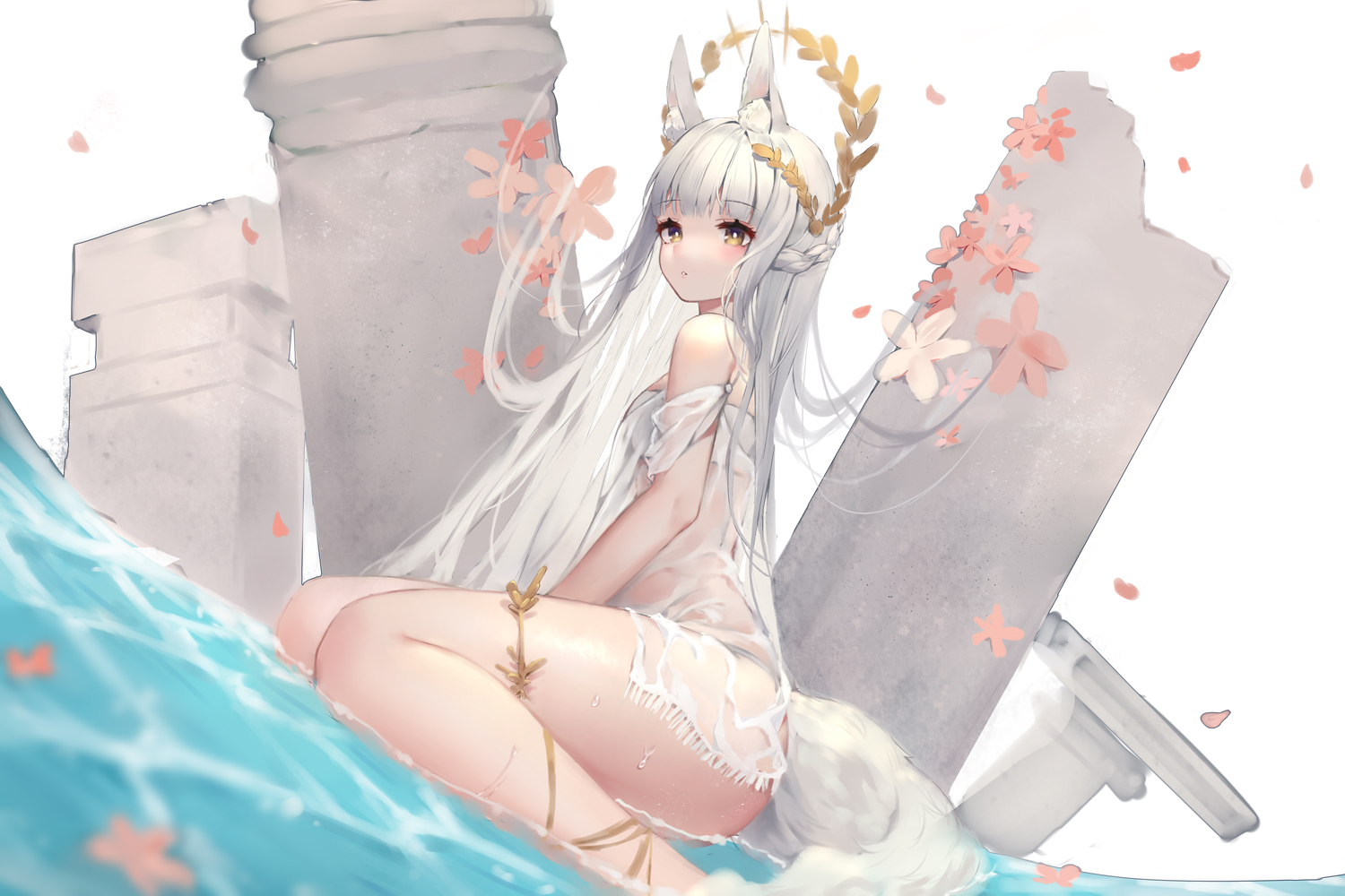 animal_ears, arknights, bikini, braids, brown_eyes, dress, foxgirl, gray_hair, headdress, long_hair, petals, platinum_(arknights), roro_(shisi4656), see_through, swimsuit, tail, water, wet