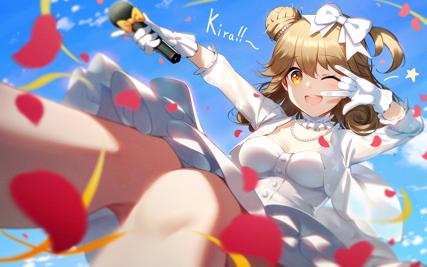 brown_eyes, brown_hair, clouds, dress, gloves, microphone, necklace, original