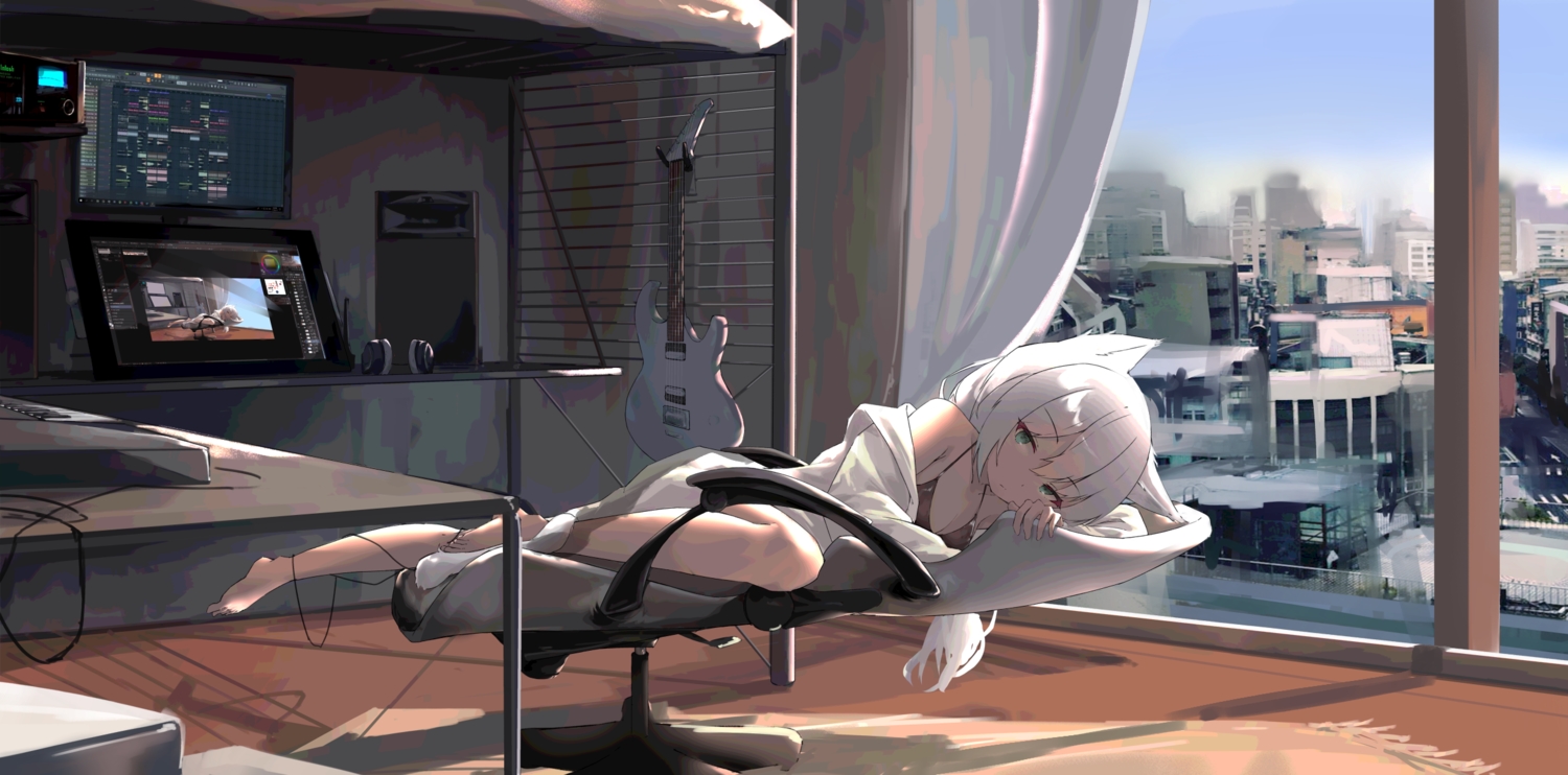 0shino, aliasing, animal_ears, barefoot, building, city, computer, guitar, instrument, long_hair, original, white_hair